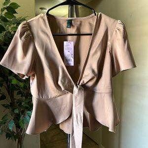 Chic Beige Tie-Front Blouse